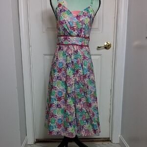 Chetta B White Lined Dress with Subtle Pink & Green Accents